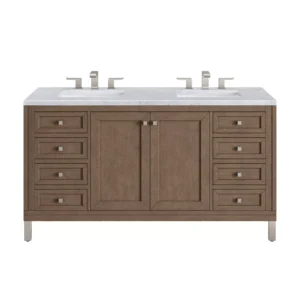 Chicago 60″ Double Vanity, Whitewashed Walnut w/ 3 CM Carrara Marble Top