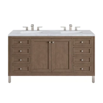 Chicago 60" Double Vanity, Whitewashed Walnut w/ 3 CM Carrara Marble Top