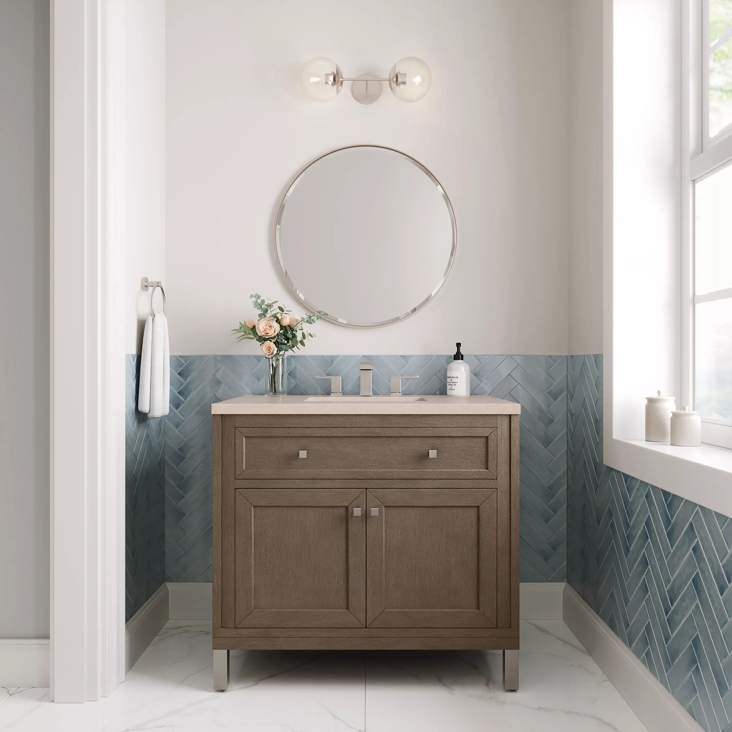 Chicago 36" Single Vanity, Whitewashed Walnut w/ 3 CM Eternal Marfil Quartz Top - Image 2