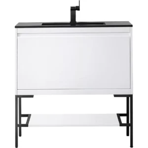 Milan 35.4″ Single Vanity, Glossy White, Matte Black w/ Charcoal Black Composite Stone Top