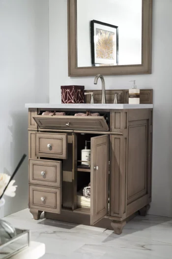 Bristol 30" Single Vanity, Whitewashed Walnut w/ 3 CM Arctic Fall Solid Surface Top - Image 4