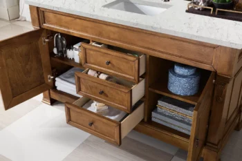 Brookfield 60" Single Vanity, Country Oak w/ 3 CM Eternal Jasmine Pearl Quartz Top - Image 4