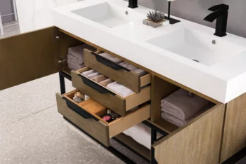 Columbia 59" Double Vanity, Latte Oak, Matte Black w/ Glossy White Composite Stone Top - Image 4
