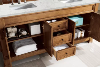 Brookfield 72" Double Vanity, Country Oak w/ 3 CM Eternal Jasmine Pearl Quartz Top - Image 4