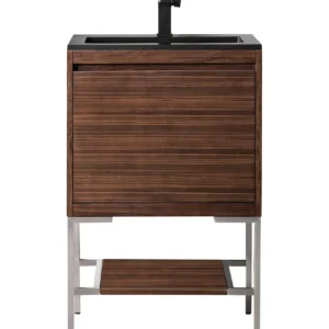 Mantova 23.6″ Single Vanity, Mid-Century Walnut, Brushed Nickel Base w/ Charcoal Black Composite Stone Top
