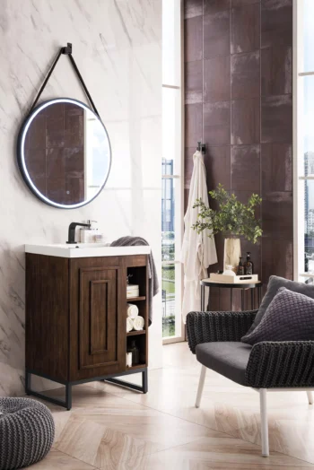 Alicante 24" Single Vanity, Mid-Century Acacia, Matte Black w/ White Glossy Composite Stone Top - Image 3