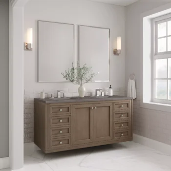 Chicago 60" Double Vanity, Whitewashed Walnut w/ 3 CM Grey Expo Quartz Top - Image 5