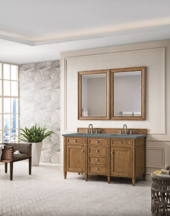 Brittany 60" Double Vanity, Saddle Brown w/ 3 CM Cala Blue Top - Image 3