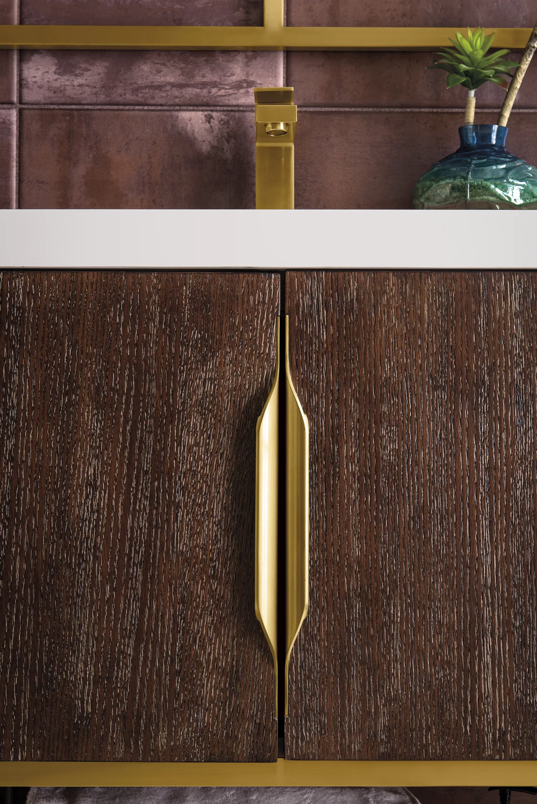 Columbia 31.5" Single Vanity, Coffee Oak, Radiant Gold, w/ Glossy White Composite Stone Top - Image 6