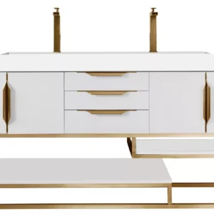 Columbia 72″ Double Vanity, Glossy White, Radiant Gold w/ Glossy White Composite Stone Top