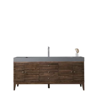 Linear 72″ Single Vanity, Mid-Century Walnut w/ Dusk Grey Glossy Composite Stone Top