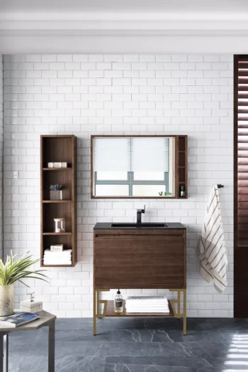 Milan 31.5" Single Vanity, Mid-Century Walnut, Radiant Gold w/ Charcoal Black Composite Stone Top - Image 2