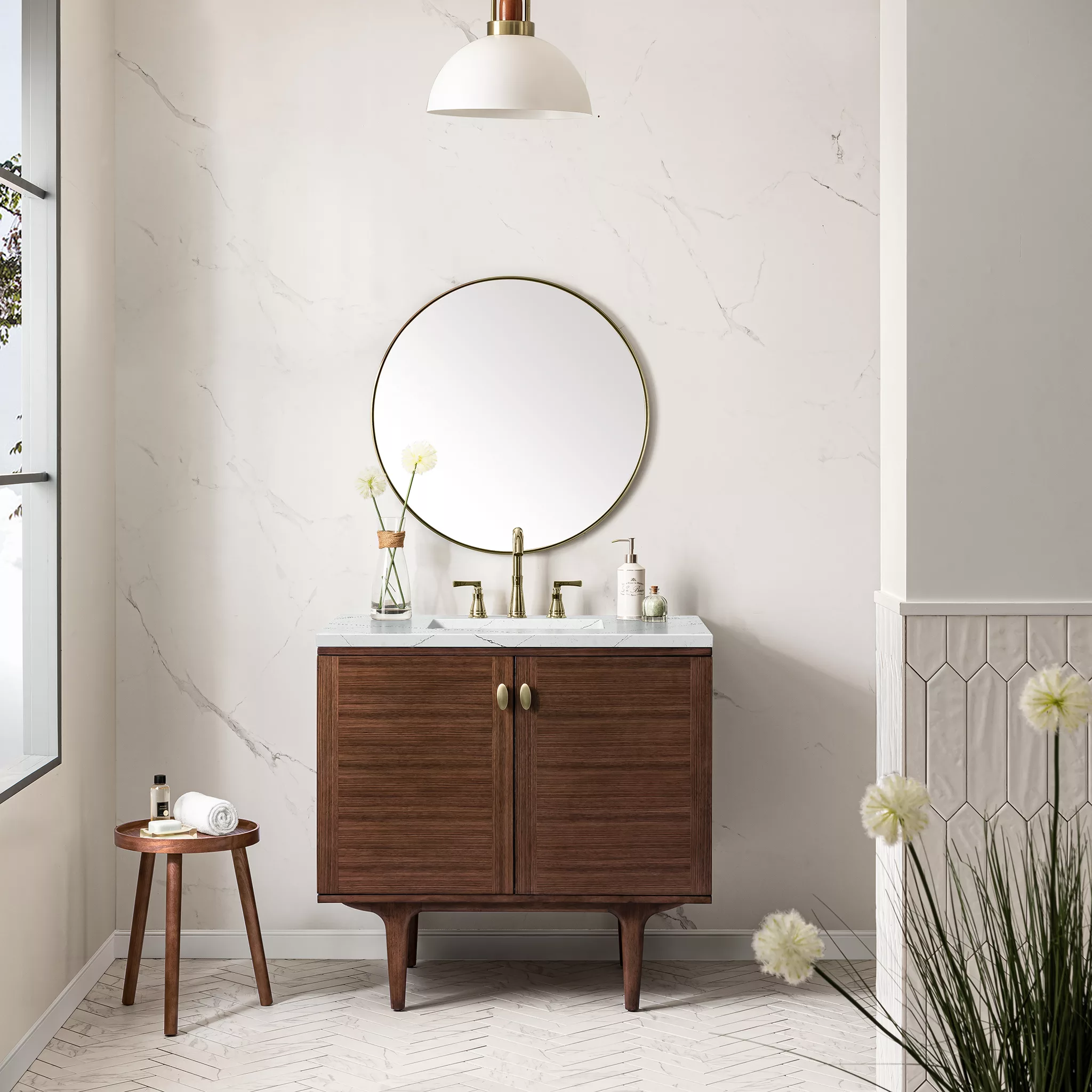 Amberly 36" Single Vanity, Mid-Century Walnut w/ 3 CM Ethereal Noctis Top - Image 3