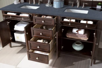 Brittany 72" Double Vanity, Burnished Mahogany w/ 3 CM Charcoal Soapstone Quartz Top - Image 4