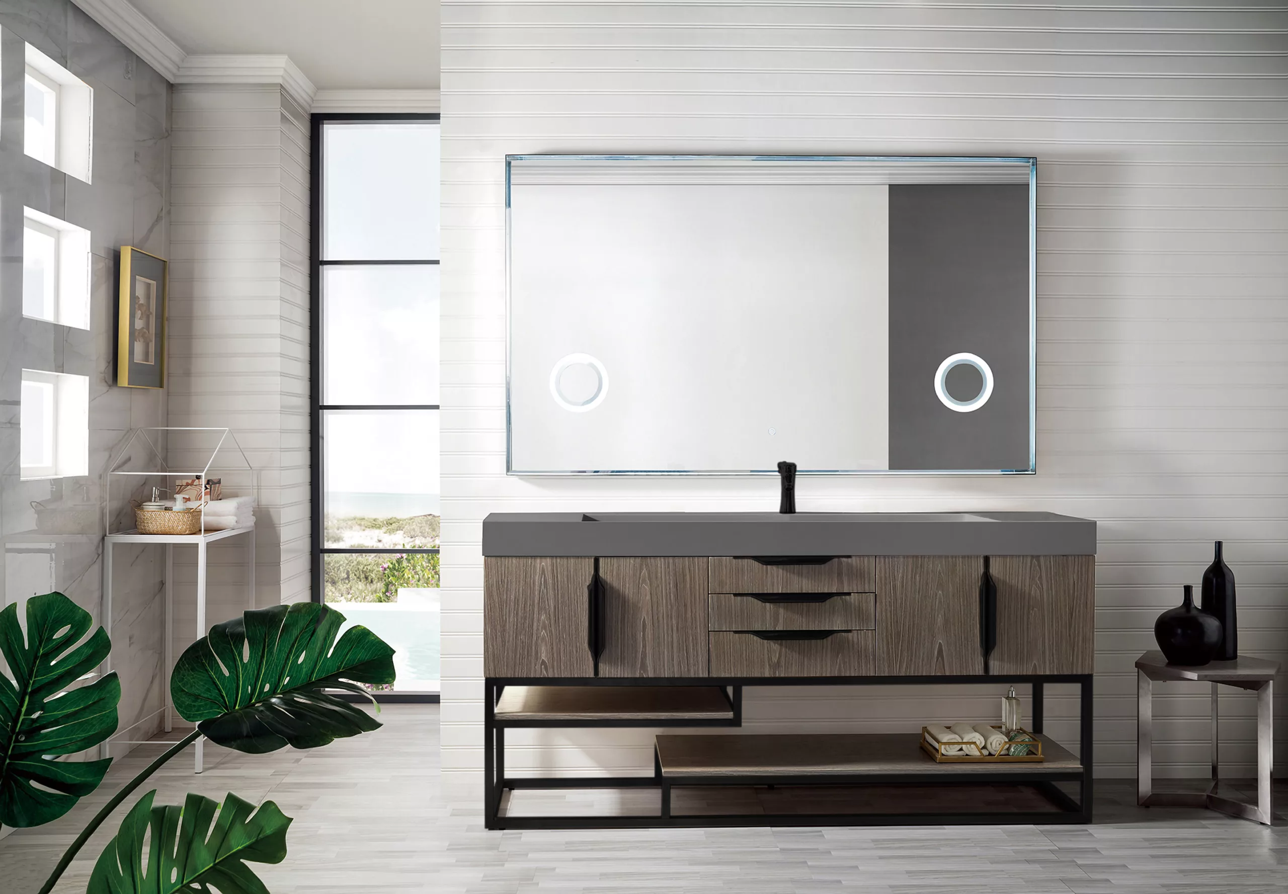 Columbia 72" Single Vanity, Ash Gray, Matte Black w/ Dusk Grey Glossy Composite Stone Top - Image 2