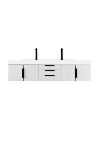 Mercer Island 72" Double Vanity, Glossy White, Matte Black w/ Glossy White Composite Stone Top