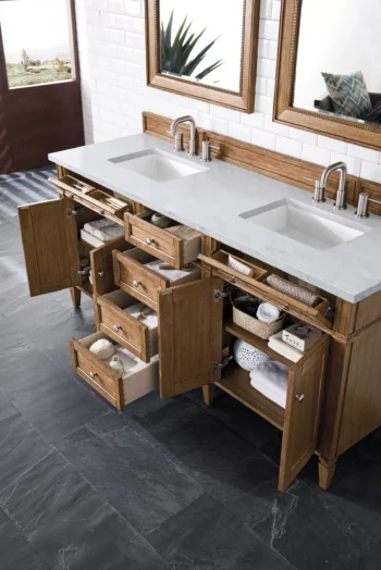 Brittany 72" Double Vanity, Saddle Brown w/ 3 CM Arctic Fall Solid Surface Top - Image 4