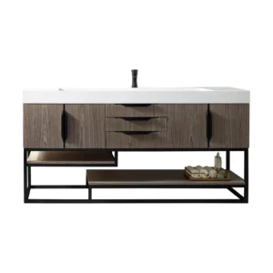 Columbia 72″ Single Vanity, Ash Gray, Matte Black w/ Glossy White Composite Stone Top