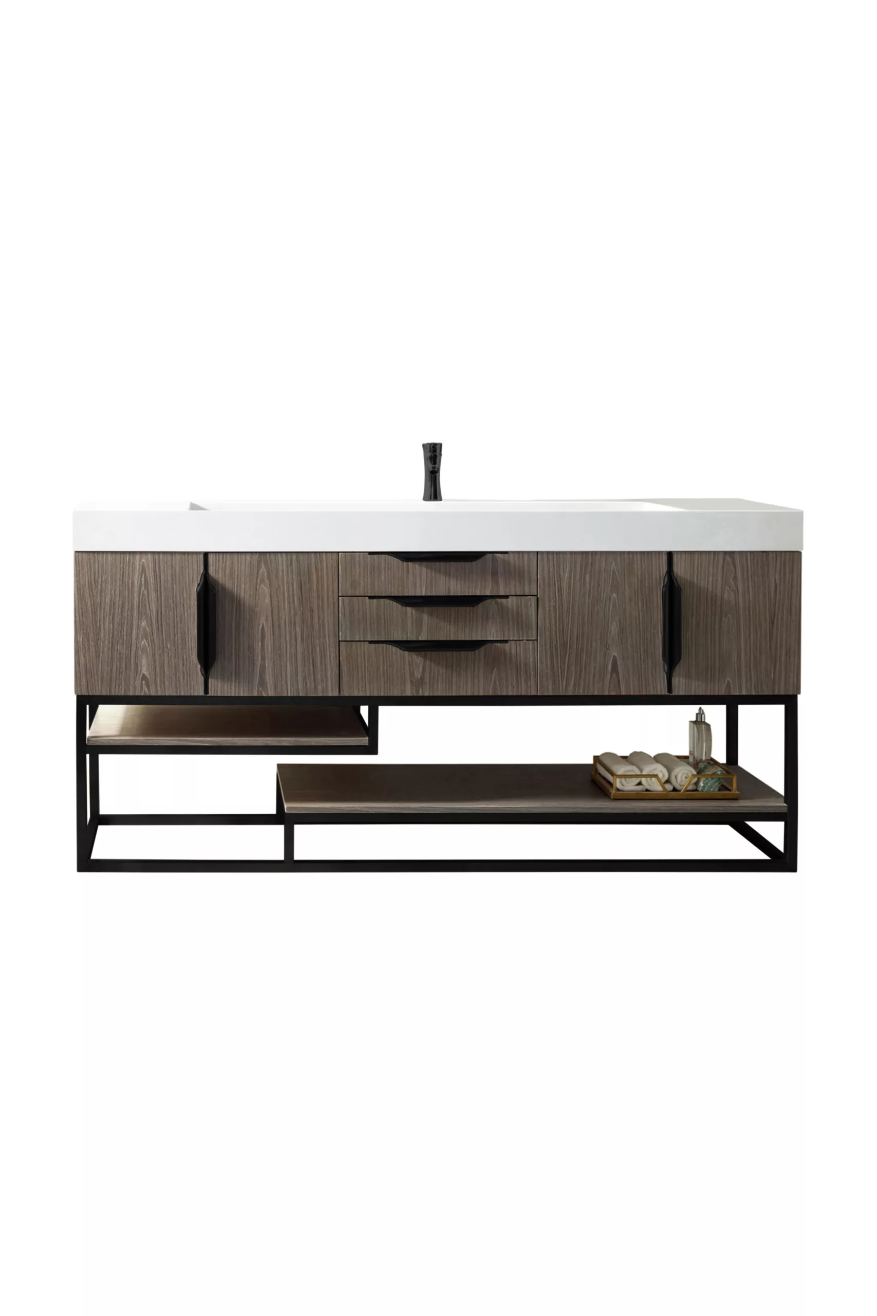 Columbia 72" Single Vanity, Ash Gray, Matte Black w/ Glossy White Composite Stone Top