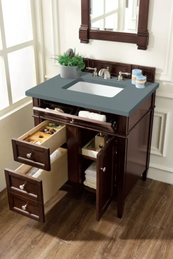 Brittany 30" Single Vanity, Burnished Mahogany, w/ 3 CM Cala Blue Top - Image 4