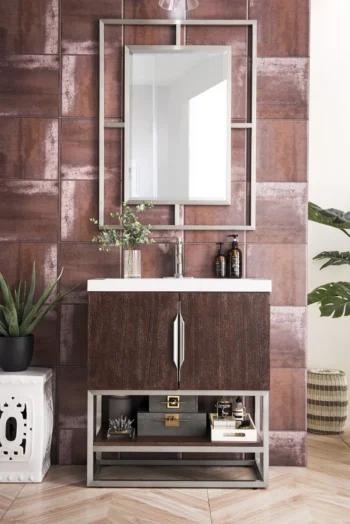 Columbia 31.5" Single Vanity, Coffee Oak, Brushed Nickel, w/ Glossy White Composite Stone Top - Image 2