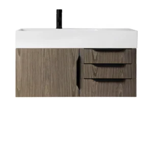 Mercer Island 36″ Single Vanity, Ash Gray, Matte Black w/ Glossy White Composite Stone Top