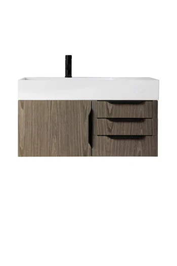 Mercer Island 36" Single Vanity, Ash Gray, Matte Black w/ Glossy White Composite Stone Top
