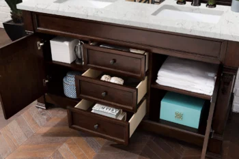 Brookfield 60" Double Vanity, Burnished Mahogany w/ 3 CM Eternal Jasmine Pearl Quartz Top - Image 4