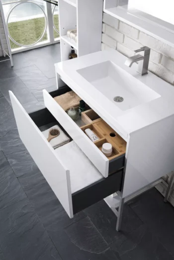 Milan 31.5" Single Vanity, Glossy White, Brushed Nickel w/ Glossy White Composite Stone Top - Image 5