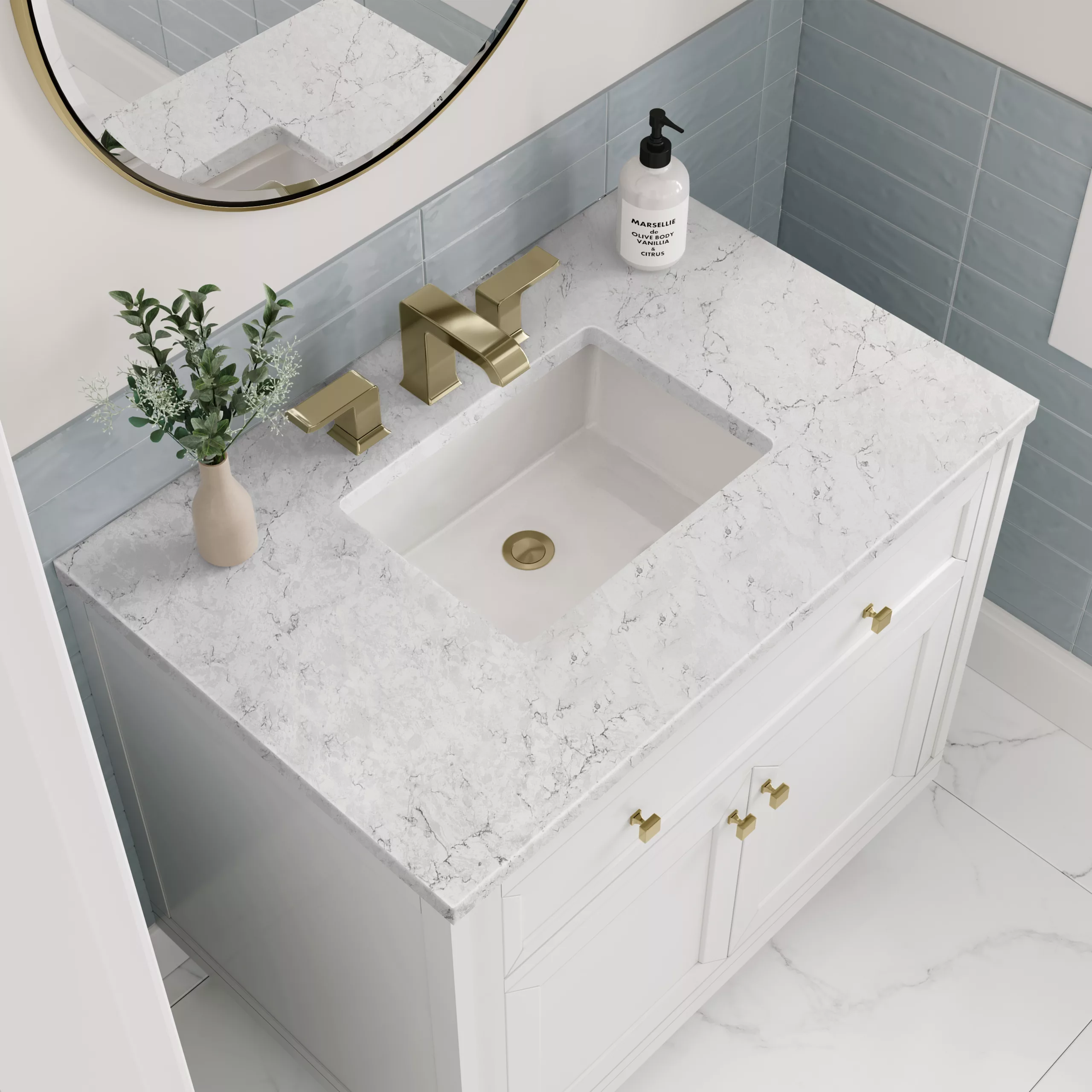 Chicago 36" Single Vanity, Glossy White w/ 3 CM Eternal Jasmine Pearl Top - Image 4