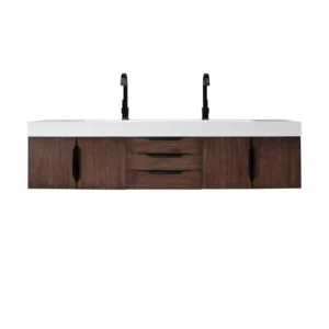 Mercer Island 72″ Double Vanity, Coffee Oak, Matte Black w/ Glossy White Composite Stone Top