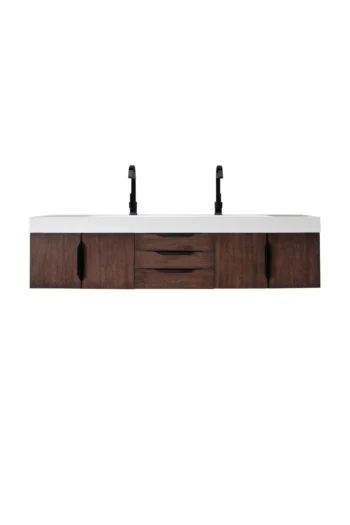 Mercer Island 72" Double Vanity, Coffee Oak, Matte Black w/ Glossy White Composite Stone Top