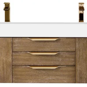 Mercer Island 72″ Double Vanity,  Latte Oak, Radiant Gold w/ Glossy White Composite Stone Top