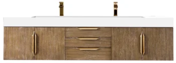 Mercer Island 72" Double Vanity,  Latte Oak, Radiant Gold w/ Glossy White Composite Stone Top