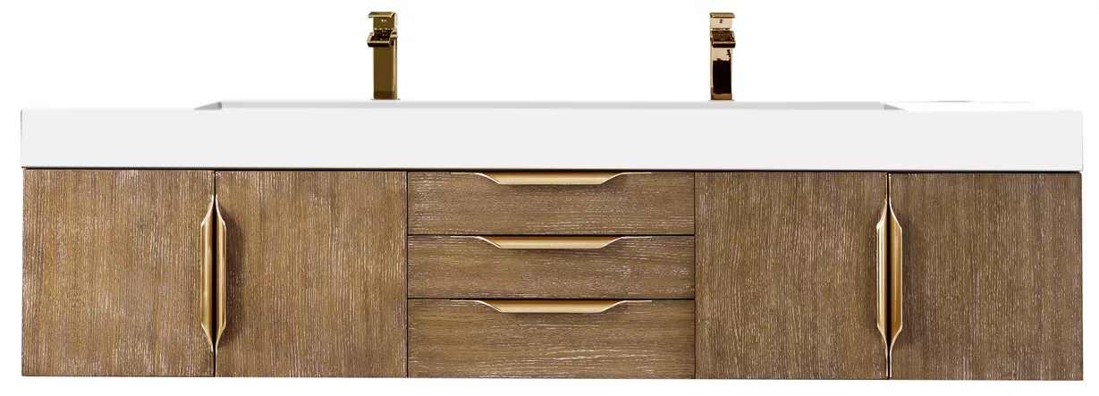 Mercer Island 72" Double Vanity,  Latte Oak, Radiant Gold w/ Glossy White Composite Stone Top