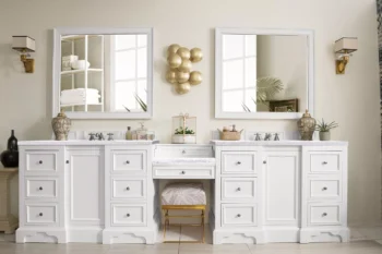 De Soto 118" Double Vanity Set, Bright White w/ 3 CM Arctic Fall Solid Surface Top - Image 2