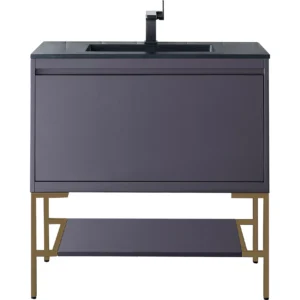 Milan 35.4″ Single Vanity, Modern Gray Glossy, Radiant Gold w/ Charcoal Black Composite Stone Top