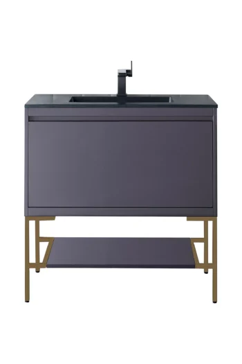 Milan 35.4" Single Vanity, Modern Gray Glossy, Radiant Gold w/ Charcoal Black Composite Stone Top