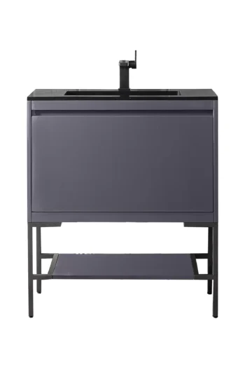 Milan 31.5" Single Vanity, Modern Gray Glossy, Matte Black w/ Charcoal Black Composite Stone Top