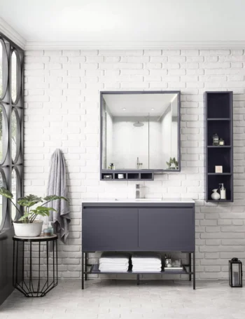 Milan 47.3" Single Vanity, Modern Gray Glossy, Matte Black w/ Glossy White Composite Stone Top - Image 2