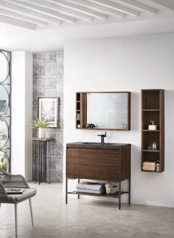 Mantova 35.4" Single Vanity, Mid-Century Walnut, Matte Black Base w/ Charcoal Black Composite Stone Top - Image 3