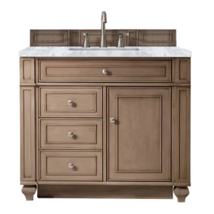 Bristol 36″ Single Vanity, Whitewashed Walnut w/ 3 CM Carrara Marble Top