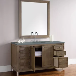 Chicago 60″ Single Vanity, Whitewashed Walnut w/ 3 CM Cala Blue Top