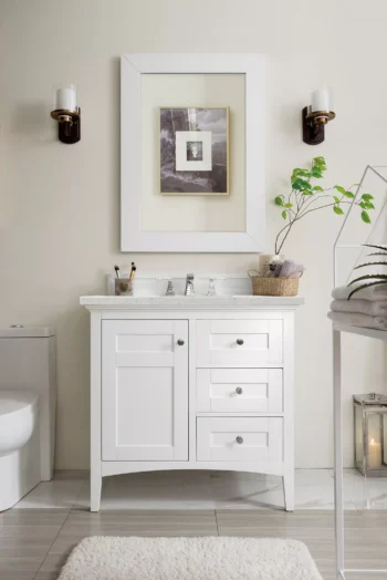Palisades 36" Single Vanity, Bright White w/ 3 CM Eternal Jasmine Pearl Quartz Top - Image 2