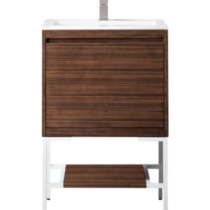 Milan 23.6″ Single Vanity, Mid-Century Walnut, Glossy White w/ Glossy White Composite Stone Top