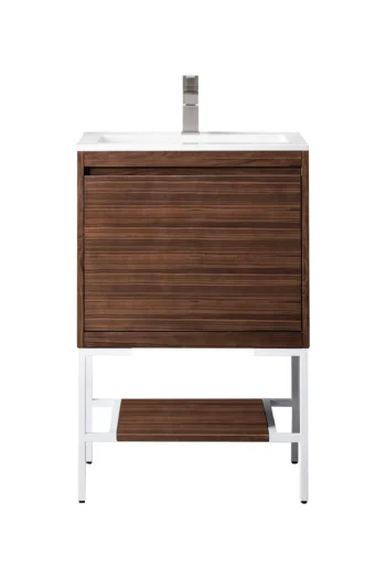 Milan 23.6" Single Vanity, Mid-Century Walnut, Glossy White w/ Glossy White Composite Stone Top