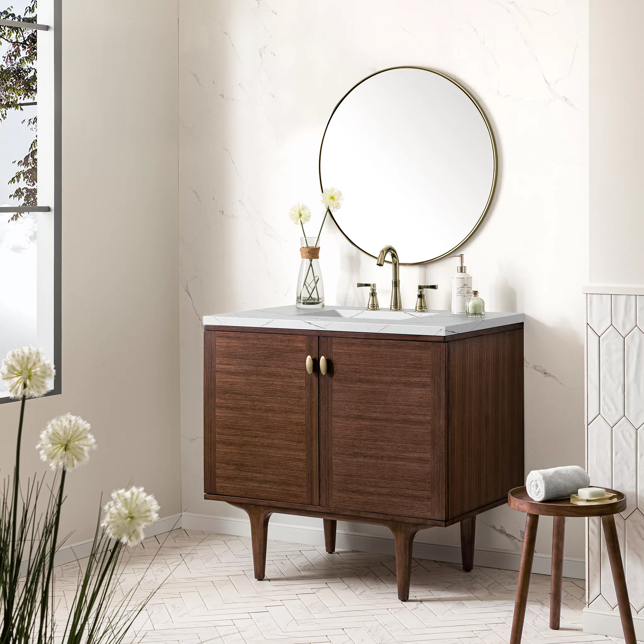 Amberly 36" Single Vanity, Mid-Century Walnut w/ 3 CM Ethereal Noctis Top - Image 5