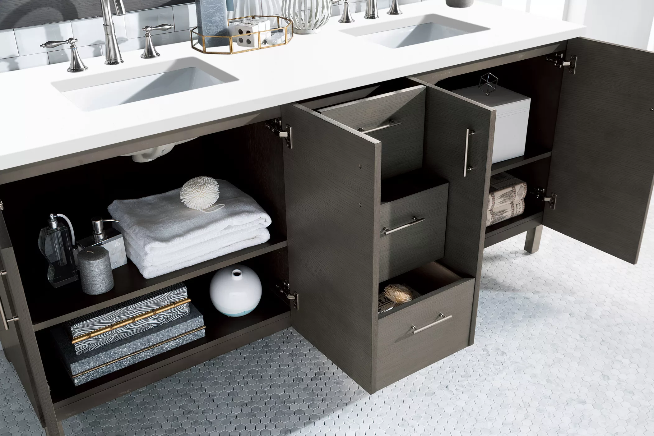 Metropolitan 72" Double Vanity, Silver Oak w/ 3 CM White Zeus Quartz Top - Image 4