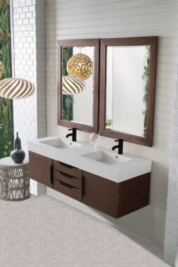 Mercer Island 59" Double Vanity, Coffee Oak, Matte Black w/ Glossy White Composite Stone Top - Image 3