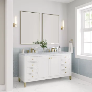 Chicago 60" Double Vanity, Glossy White w/ 3 CM Carrara Marble Top - Image 3